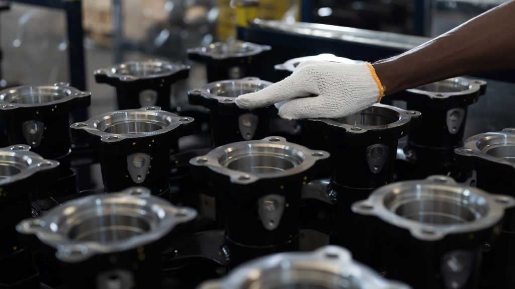 Hand of male warehouse worker wear safety uniform, helmet and inspecting quality of products in storage warehouse